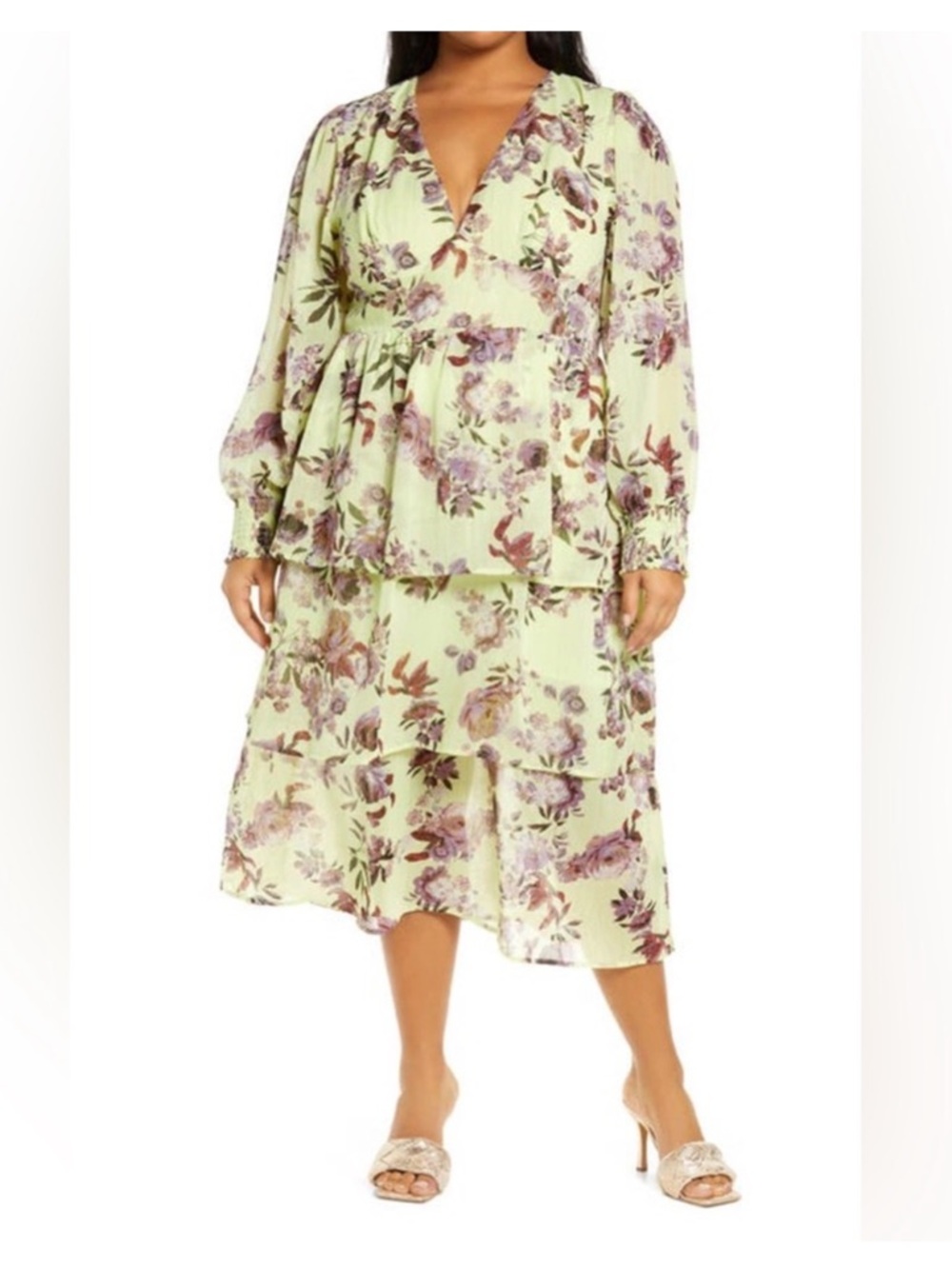 New 14th Place Dress Floral Tiered Long Sleeve V Neck Plus Size 2X